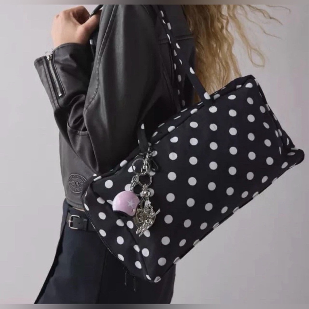 NWT Baggu Nylon Medium Bowler Bag - Black Polka Dot